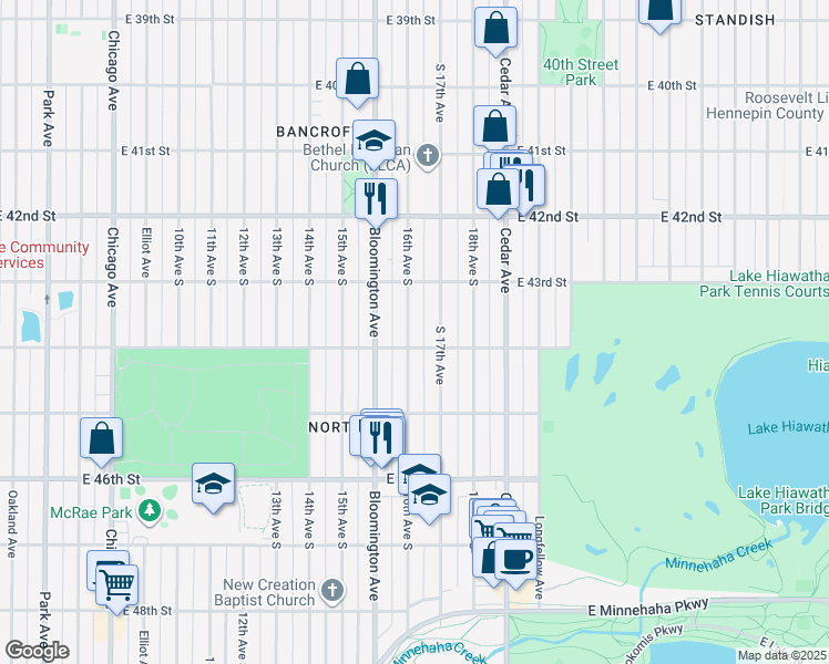 map of restaurants, bars, coffee shops, grocery stores, and more near 4337 16th Avenue South in Minneapolis