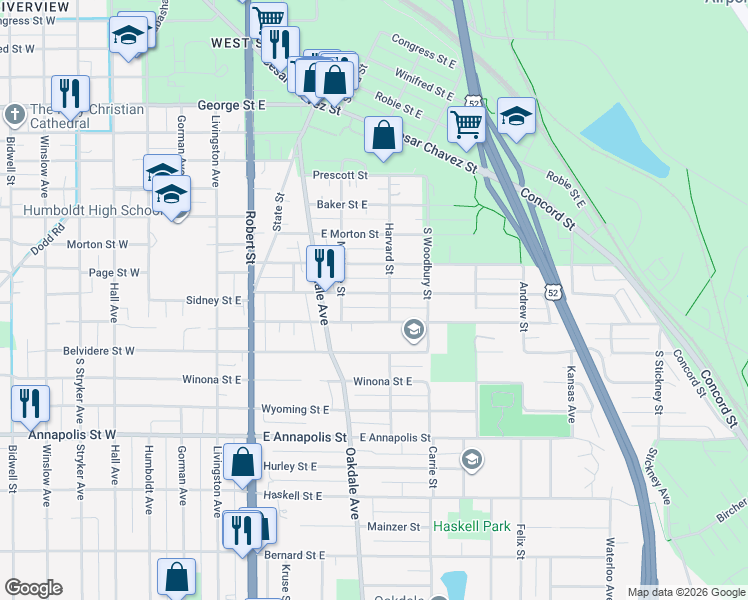 map of restaurants, bars, coffee shops, grocery stores, and more near 255 Curtice Street East in Saint Paul