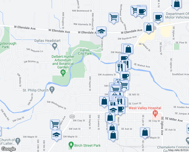 map of restaurants, bars, coffee shops, grocery stores, and more near 325 Southwest Academy Street in Dallas