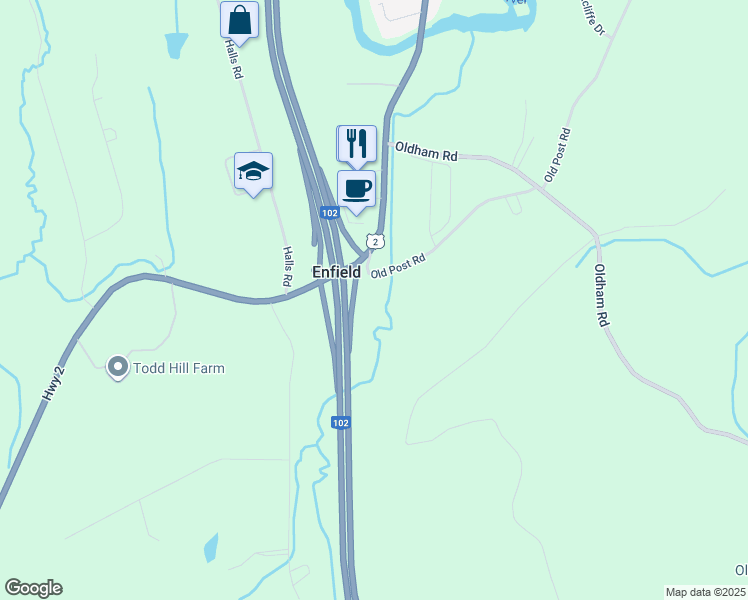 map of restaurants, bars, coffee shops, grocery stores, and more near 1 Old Post Road in Enfield