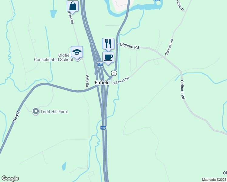 map of restaurants, bars, coffee shops, grocery stores, and more near 1 Old Post Road in Enfield