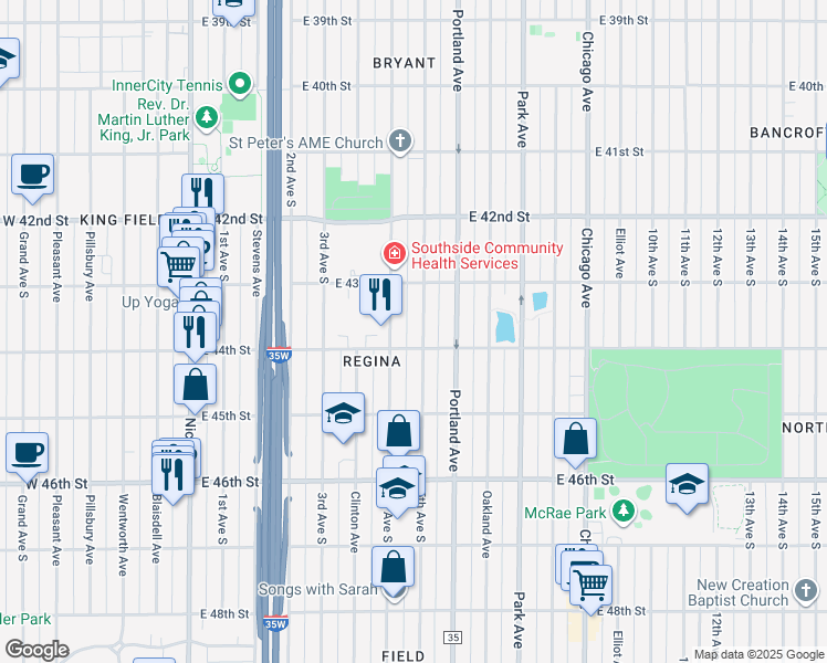 map of restaurants, bars, coffee shops, grocery stores, and more near 4351 4th Avenue South in Minneapolis