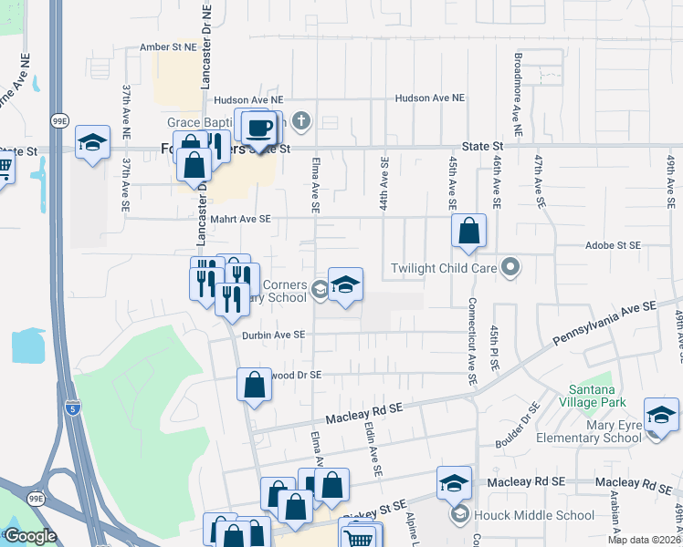 map of restaurants, bars, coffee shops, grocery stores, and more near 480 Elma Avenue Southeast in Salem