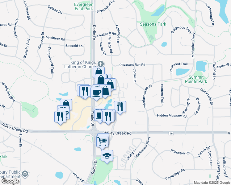 map of restaurants, bars, coffee shops, grocery stores, and more near 1810 Donegal Drive in Woodbury