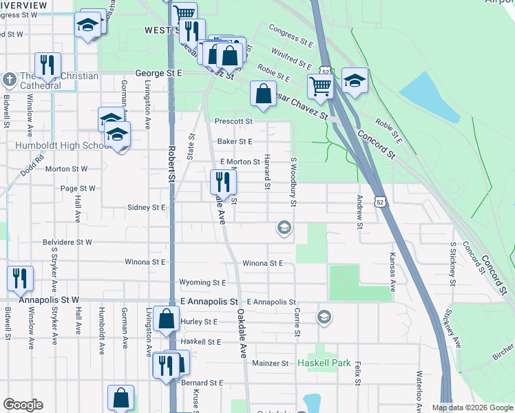map of restaurants, bars, coffee shops, grocery stores, and more near 255 Curtice Street East in Saint Paul