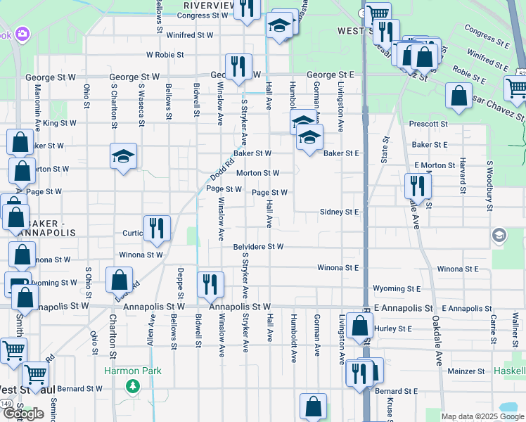 map of restaurants, bars, coffee shops, grocery stores, and more near 749 Hall Avenue in Saint Paul