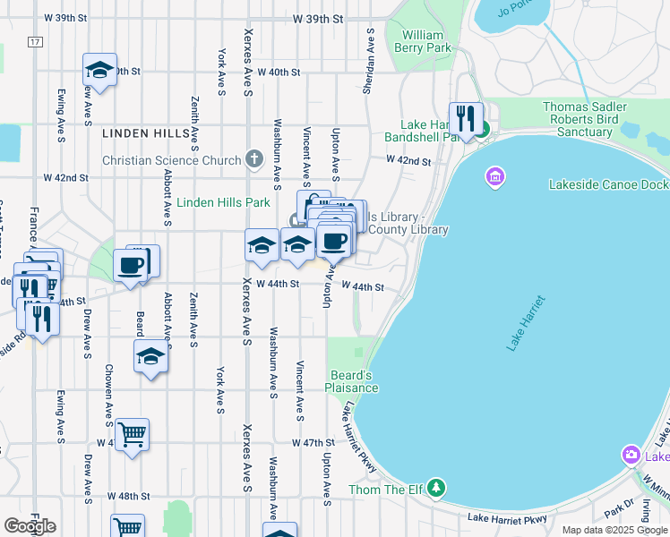 map of restaurants, bars, coffee shops, grocery stores, and more near 4321 Upton Avenue South in Minneapolis