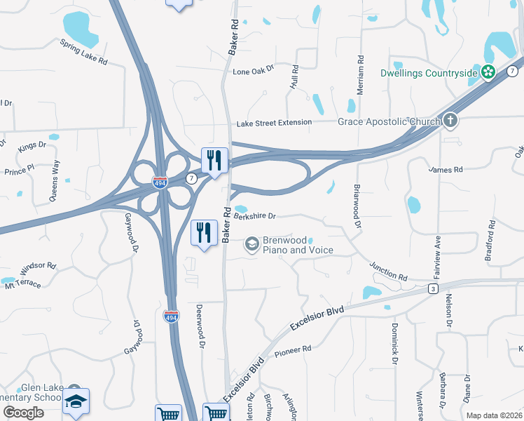 map of restaurants, bars, coffee shops, grocery stores, and more near 13100 Berkshire Drive in Hopkins