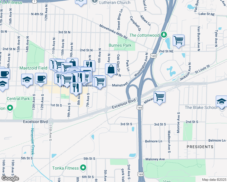 map of restaurants, bars, coffee shops, grocery stores, and more near 420 Mainstreet in Hopkins
