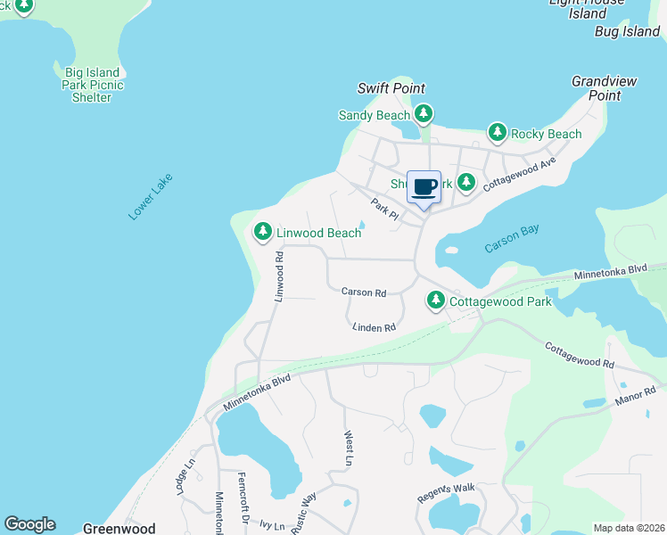 map of restaurants, bars, coffee shops, grocery stores, and more near 20580 Carson Road in Excelsior