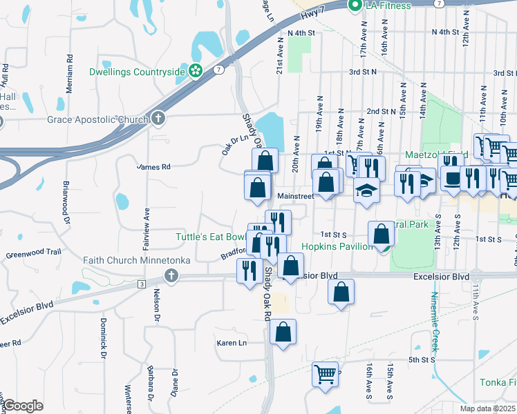 map of restaurants, bars, coffee shops, grocery stores, and more near 26 Shady Oak Road in Hopkins