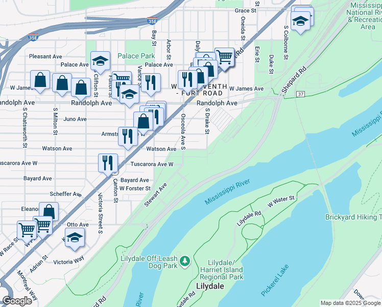 map of restaurants, bars, coffee shops, grocery stores, and more near 656 Watson Avenue in Saint Paul