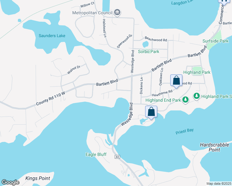 map of restaurants, bars, coffee shops, grocery stores, and more near 6311 Bayridge Road in Mound