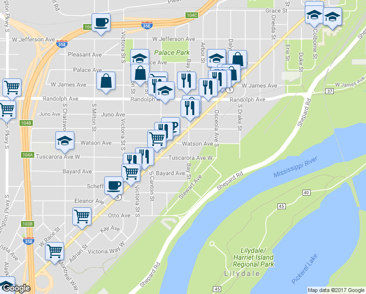 map of restaurants, bars, coffee shops, grocery stores, and more near 729 Tuscarora Avenue West in Saint Paul