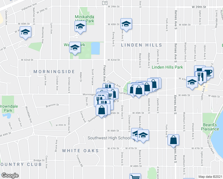 map of restaurants, bars, coffee shops, grocery stores, and more near 3815 Glendale Terrace in Minneapolis