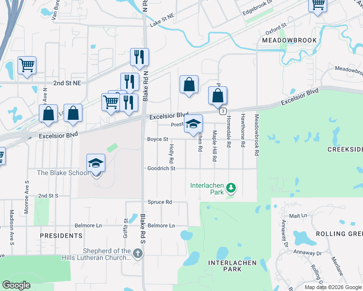 map of restaurants, bars, coffee shops, grocery stores, and more near 126 Oakwood Road in Hopkins