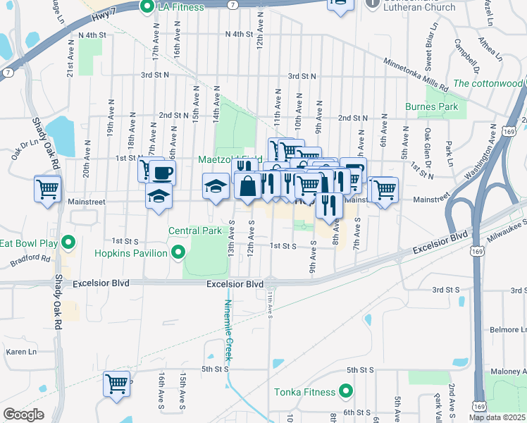 map of restaurants, bars, coffee shops, grocery stores, and more near 26 10th Avenue South in Hopkins