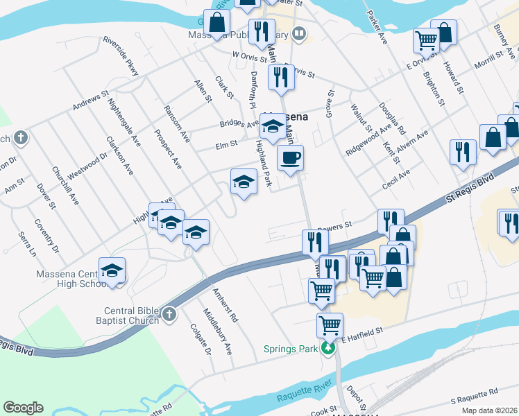 map of restaurants, bars, coffee shops, grocery stores, and more near 1 School Street in Massena