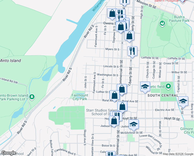 map of restaurants, bars, coffee shops, grocery stores, and more near 345 Superior Street South in Salem