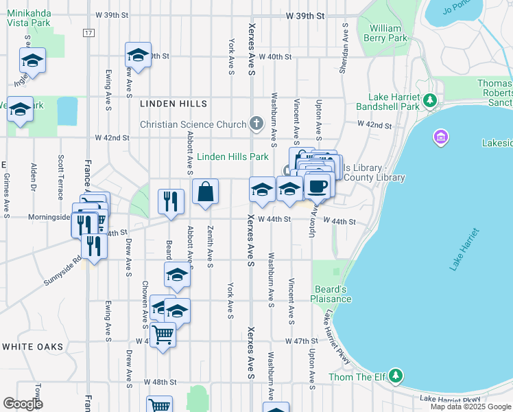 map of restaurants, bars, coffee shops, grocery stores, and more near 4331 Xerxes Avenue South in Minneapolis