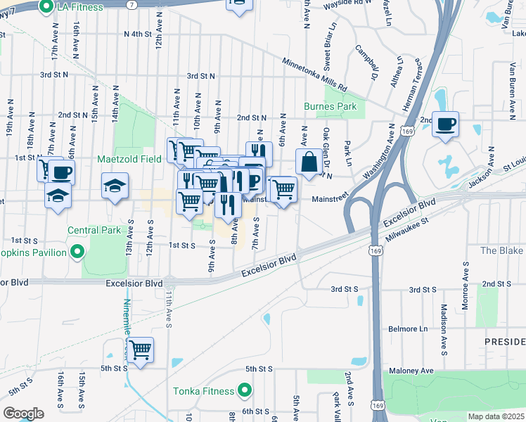 map of restaurants, bars, coffee shops, grocery stores, and more near 9 7th Avenue South in Hopkins