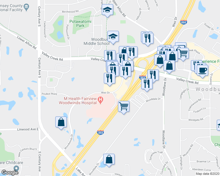 map of restaurants, bars, coffee shops, grocery stores, and more near 1850 Weir Drive in Woodbury