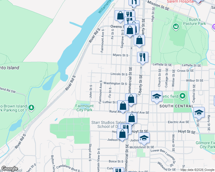 map of restaurants, bars, coffee shops, grocery stores, and more near 345 Superior Street South in Salem