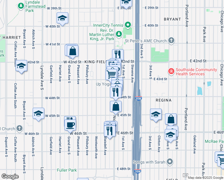 map of restaurants, bars, coffee shops, grocery stores, and more near 4351 Blaisdell Avenue in Minneapolis