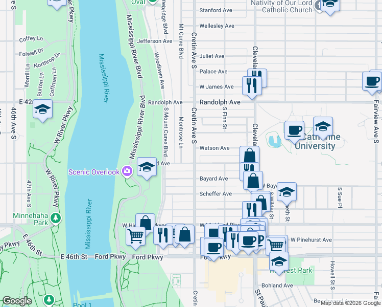 map of restaurants, bars, coffee shops, grocery stores, and more near 581 Cretin Avenue South in Saint Paul