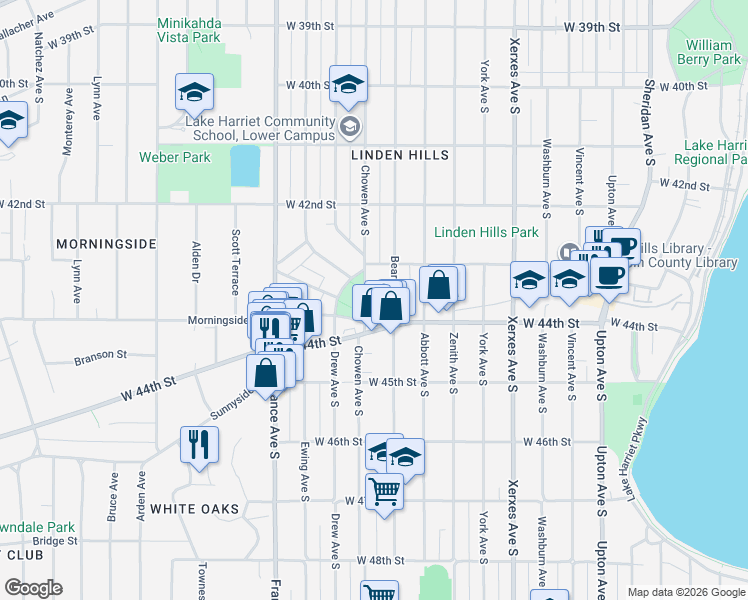 map of restaurants, bars, coffee shops, grocery stores, and more near 4354 Chowen Avenue South in Minneapolis