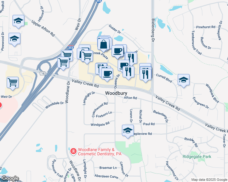 map of restaurants, bars, coffee shops, grocery stores, and more near 1670 Queens Drive in Woodbury