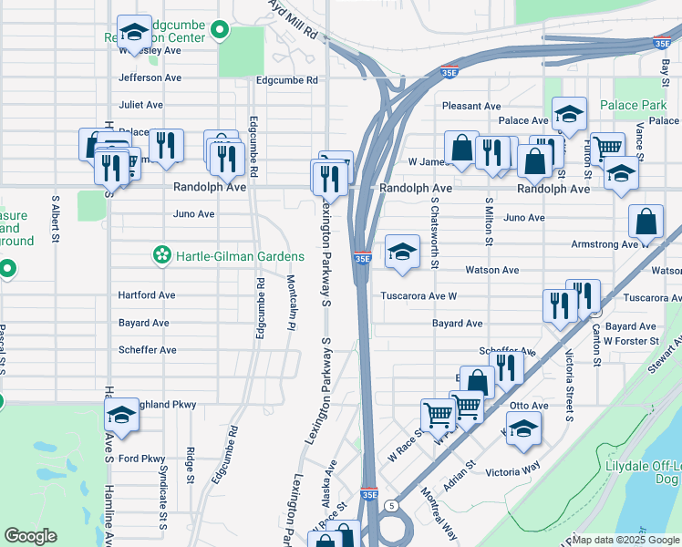 map of restaurants, bars, coffee shops, grocery stores, and more near 590 Lexington Parkway South in Saint Paul