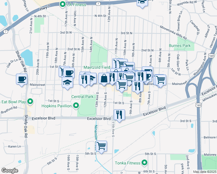map of restaurants, bars, coffee shops, grocery stores, and more near 10 12th Avenue South in Hopkins