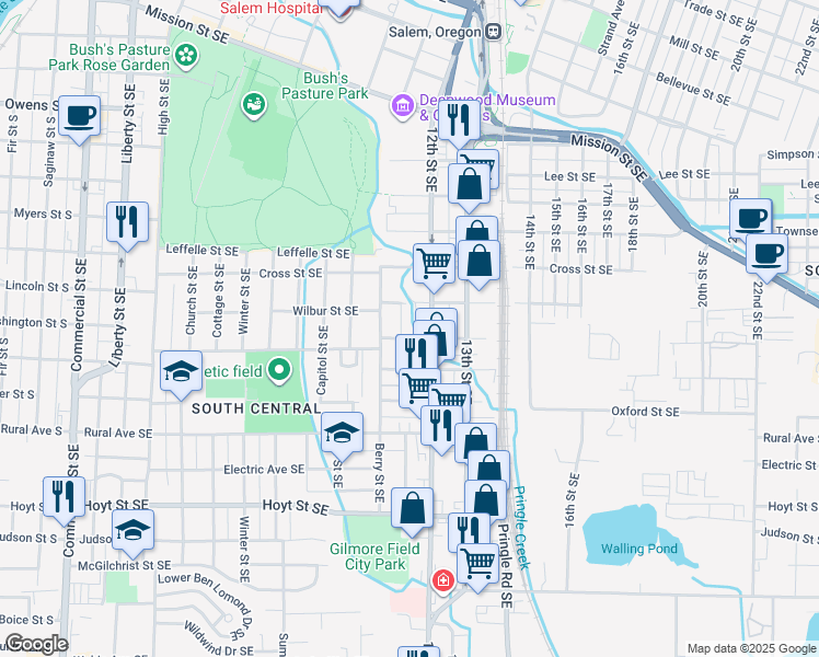 map of restaurants, bars, coffee shops, grocery stores, and more near 1435 12th Street Southeast in Salem