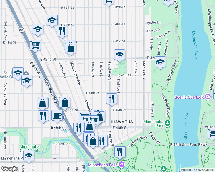 map of restaurants, bars, coffee shops, grocery stores, and more near 4124 East 44th Street in Minneapolis