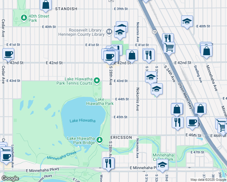 map of restaurants, bars, coffee shops, grocery stores, and more near 4352 South 28th Avenue in Minneapolis