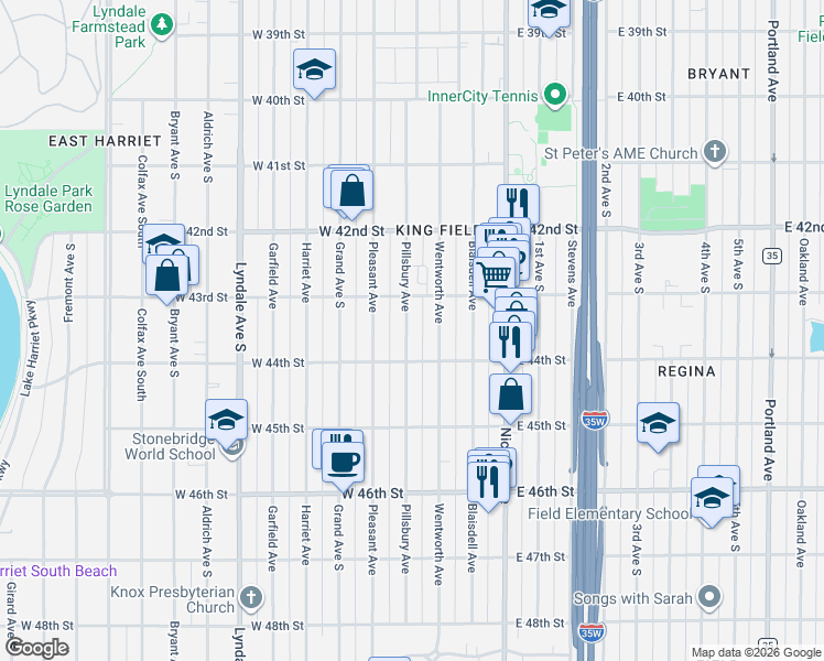 map of restaurants, bars, coffee shops, grocery stores, and more near 4354 Pillsbury Avenue in Minneapolis