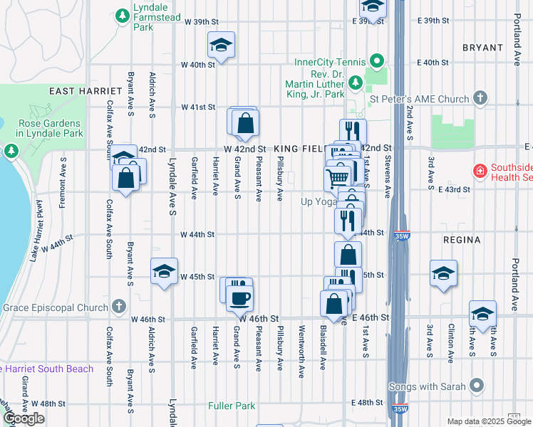 map of restaurants, bars, coffee shops, grocery stores, and more near 4354 Pillsbury Avenue in Minneapolis