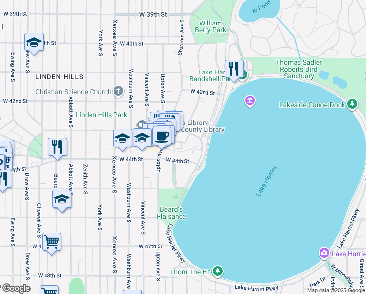 map of restaurants, bars, coffee shops, grocery stores, and more near 2700 West 44th Street in Minneapolis