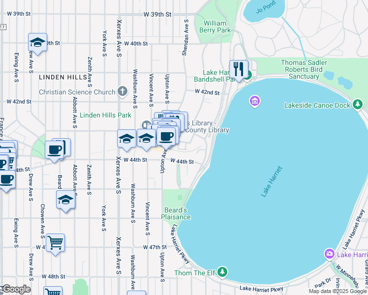 map of restaurants, bars, coffee shops, grocery stores, and more near 2700 West 44th Street in Minneapolis