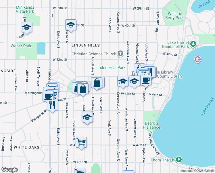 map of restaurants, bars, coffee shops, grocery stores, and more near 3218 West 44th Street in Minneapolis