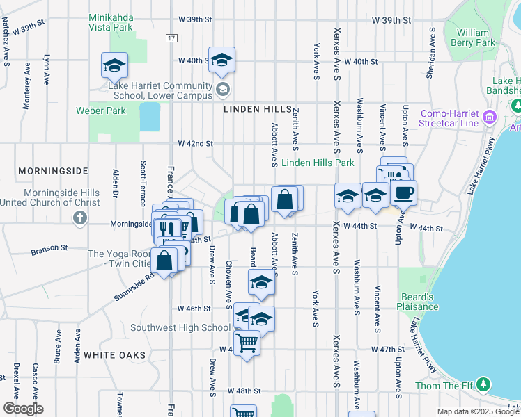 map of restaurants, bars, coffee shops, grocery stores, and more near 4353 Beard Avenue South in Minneapolis