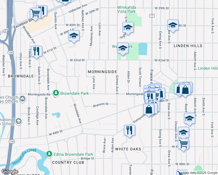 map of restaurants, bars, coffee shops, grocery stores, and more near 4248 Crocker Avenue in Minneapolis