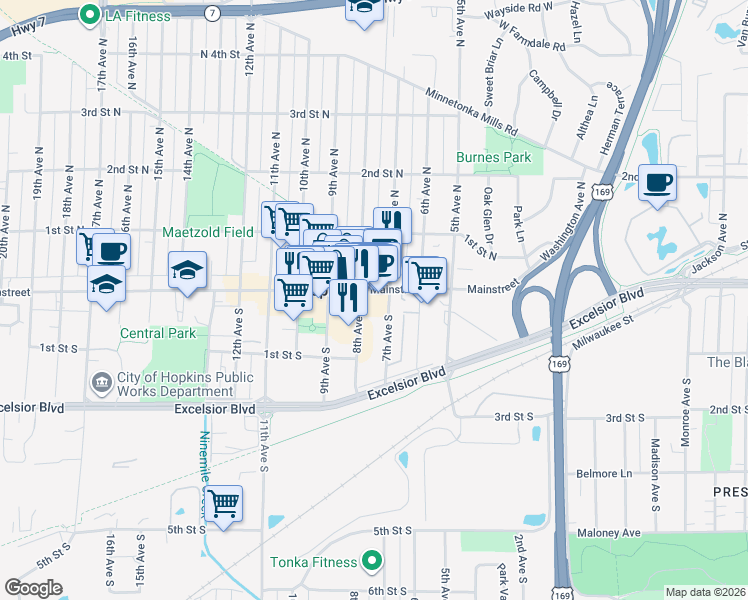 map of restaurants, bars, coffee shops, grocery stores, and more near 750 Mainstreet in Hopkins