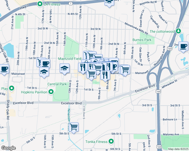 map of restaurants, bars, coffee shops, grocery stores, and more near 918 Mainstreet in Hopkins