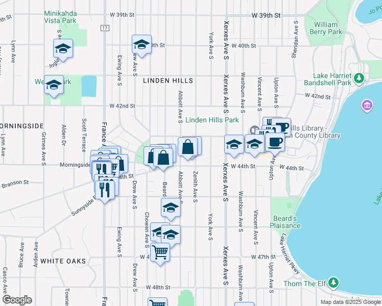 map of restaurants, bars, coffee shops, grocery stores, and more near 3322 West 44th Street in Minneapolis