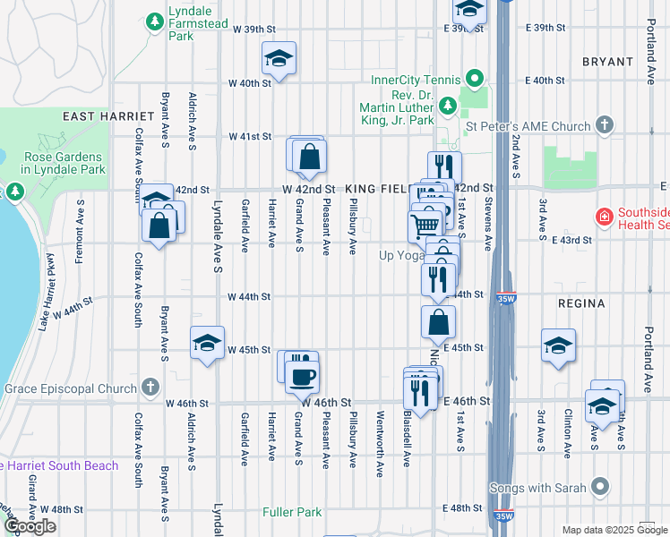 map of restaurants, bars, coffee shops, grocery stores, and more near 4354 Pillsbury Avenue in Minneapolis