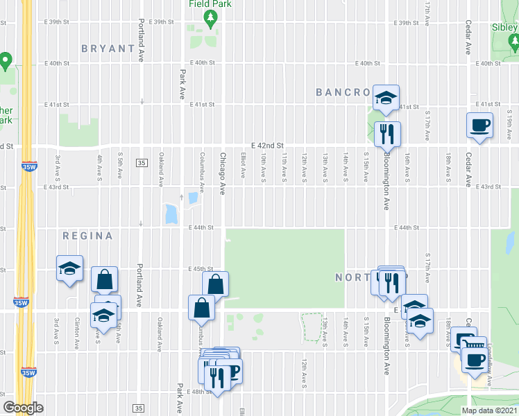 map of restaurants, bars, coffee shops, grocery stores, and more near 4326 10th Avenue South in Minneapolis