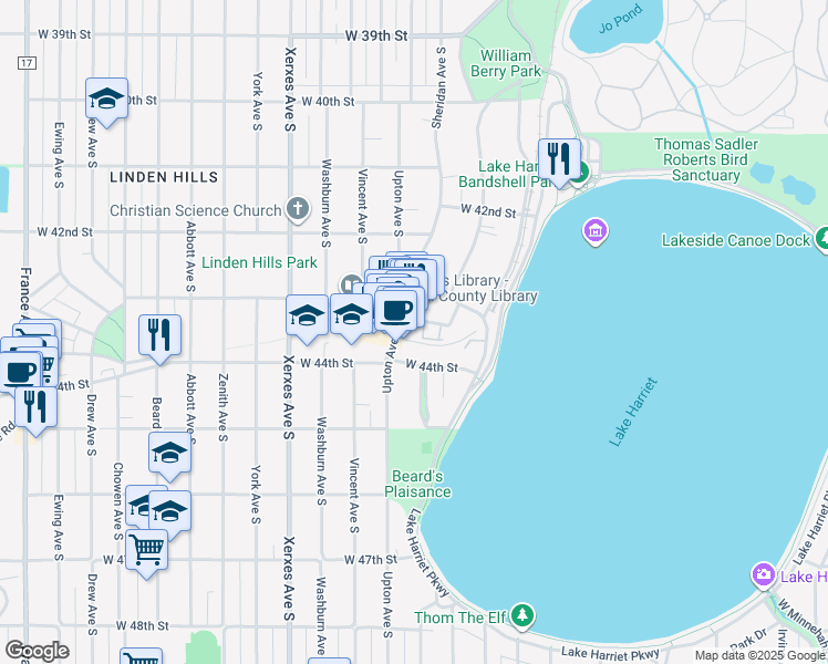 map of restaurants, bars, coffee shops, grocery stores, and more near 2727 West 43rd Street in Minneapolis