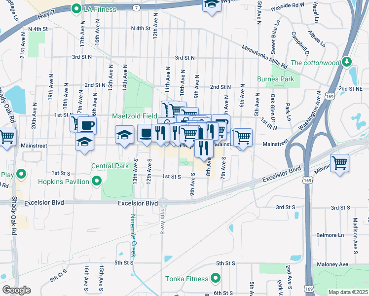 map of restaurants, bars, coffee shops, grocery stores, and more near 918 Mainstreet in Hopkins